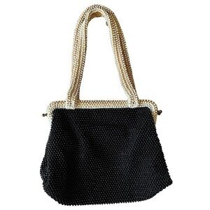 Vintage Corde Bead Bag Hinged Closure Top Handle Black White Beaded Evening Bag